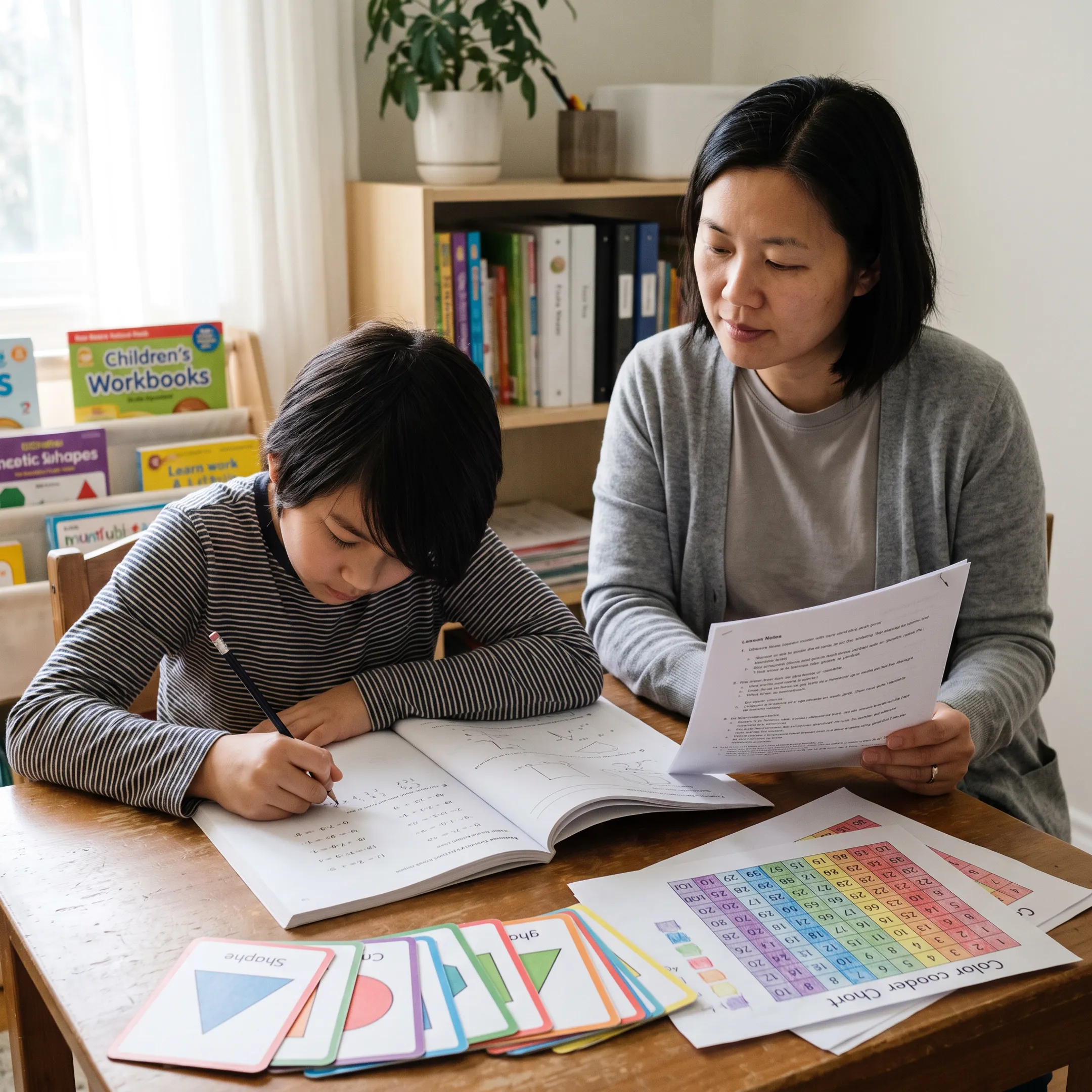 Homeschool learner completing algebra work with a parent