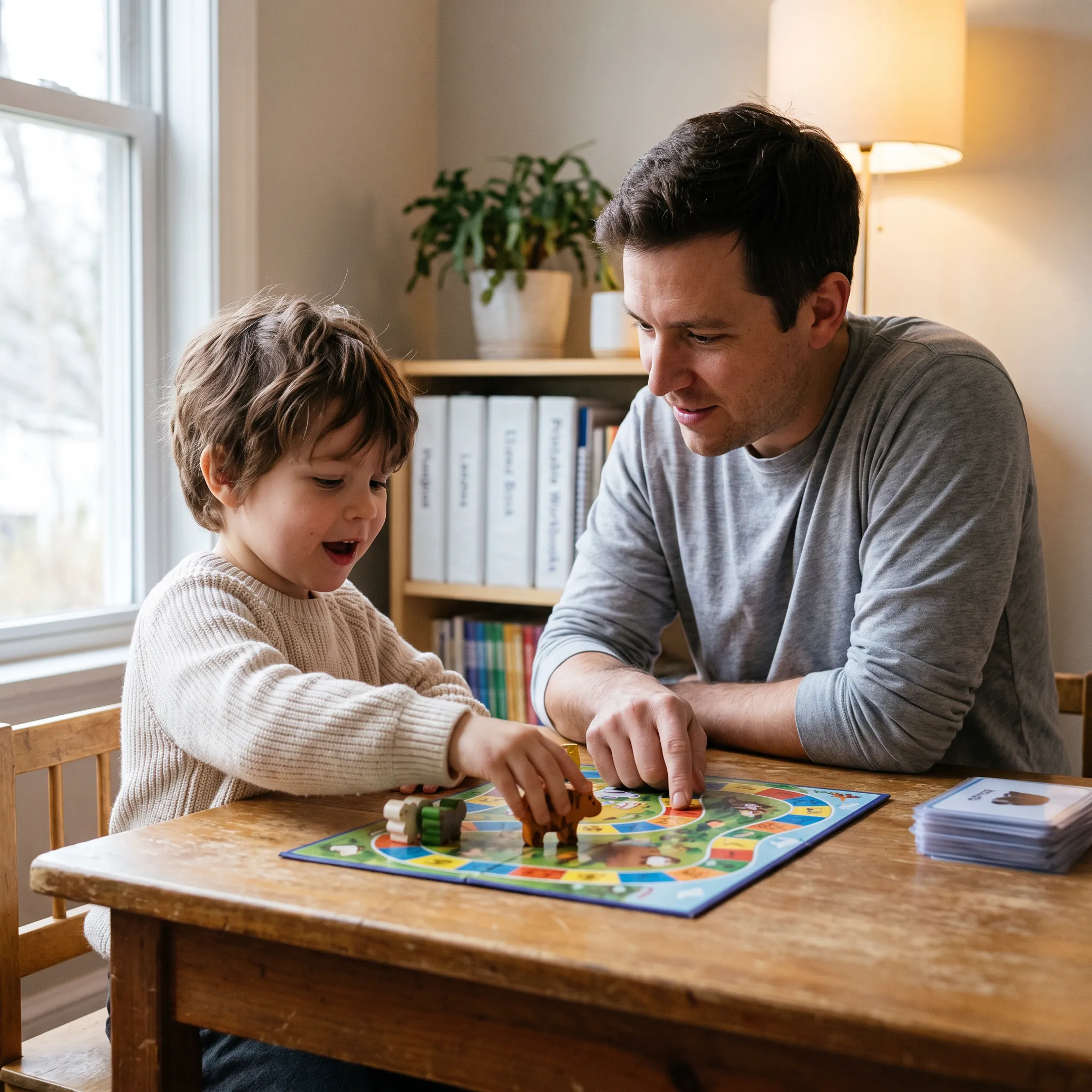 Parent and kindergartener playing an educational board game