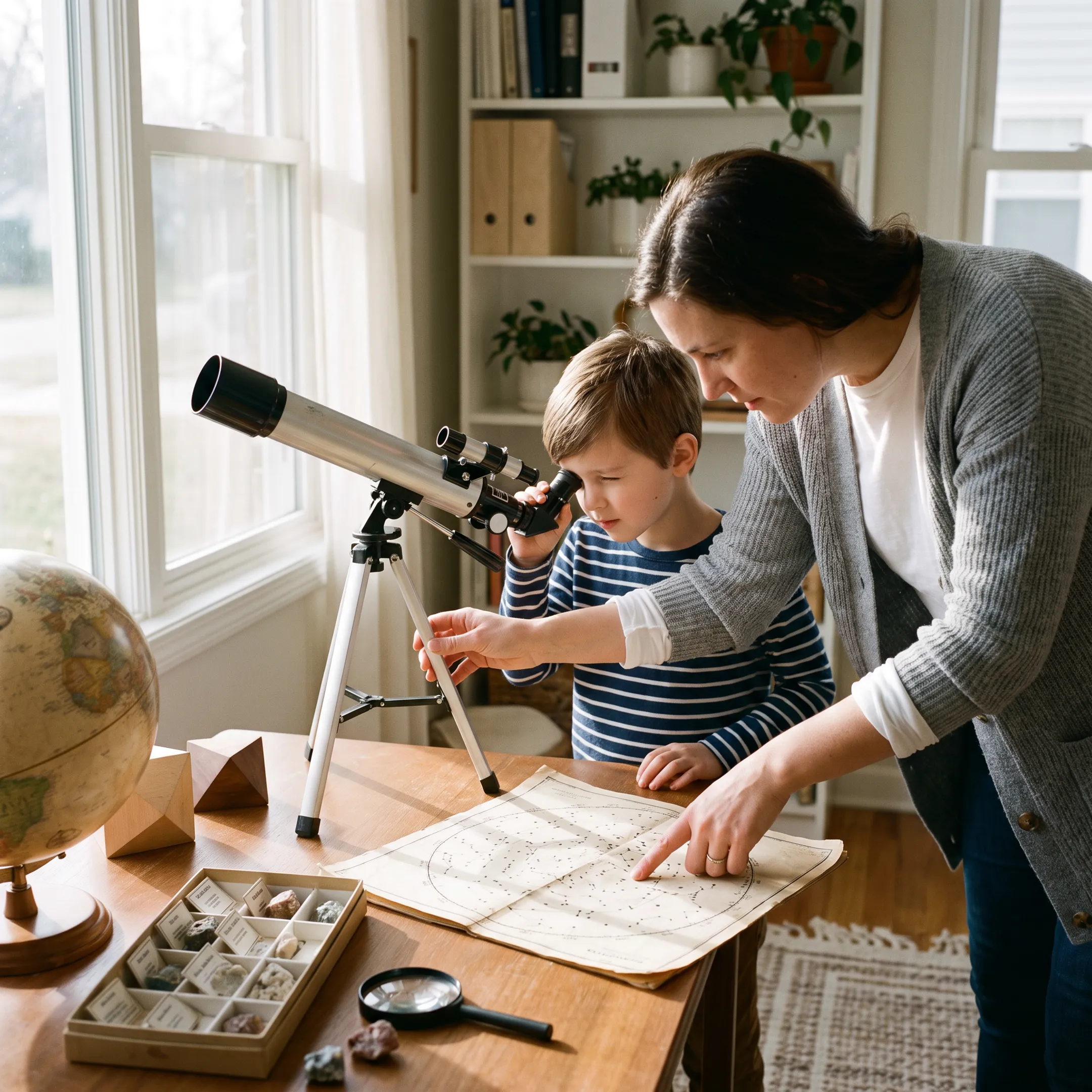 Parent and child exploring astronomy at home