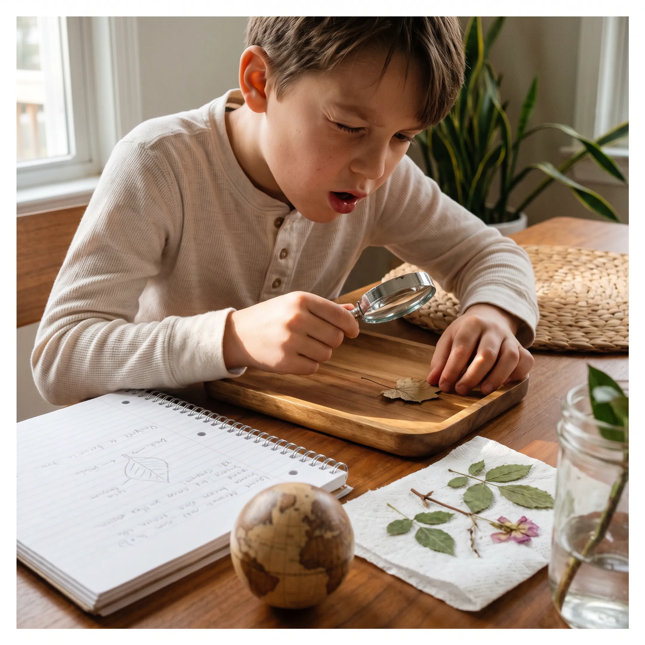 Fourth grader exploring science materials at a table