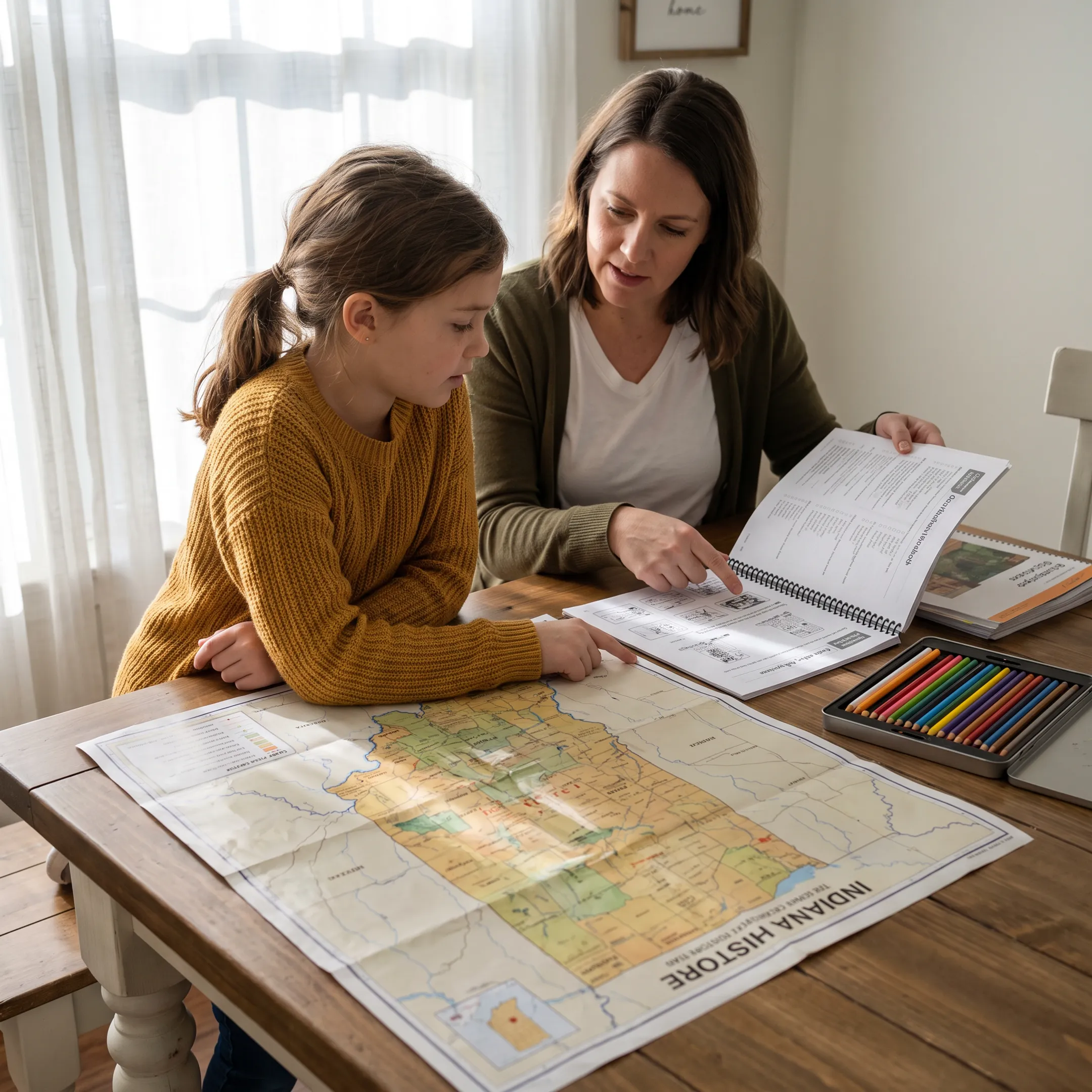 Parent and child studying Indiana history at home