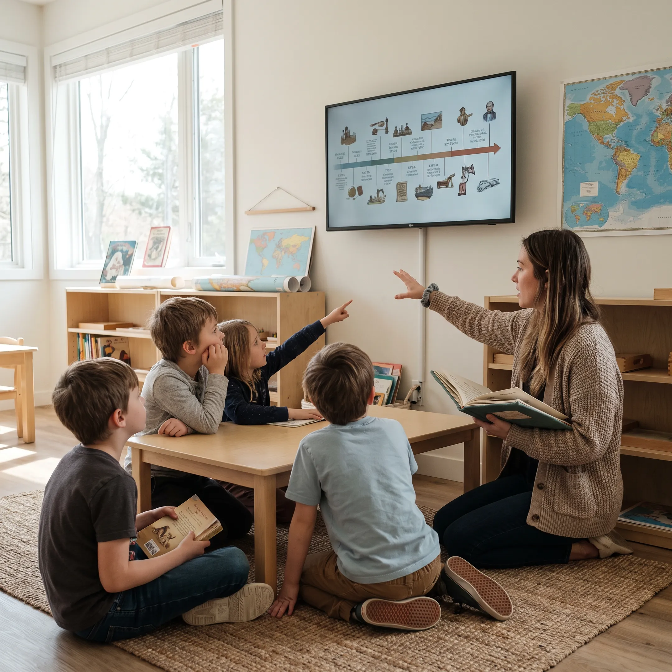 Children watching an educational history lesson with a parent or teacher