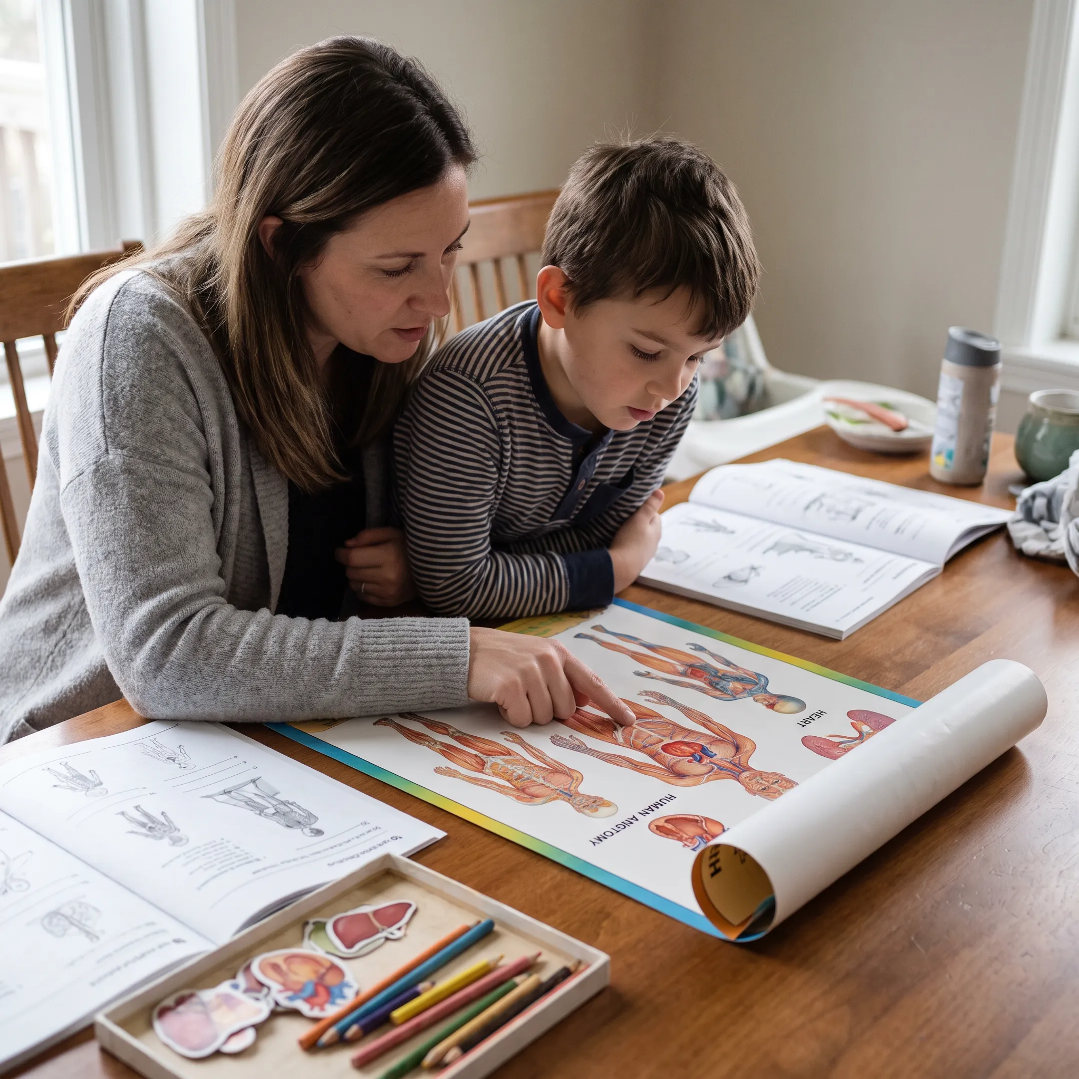 Parent and child exploring a human body anatomy lesson at home