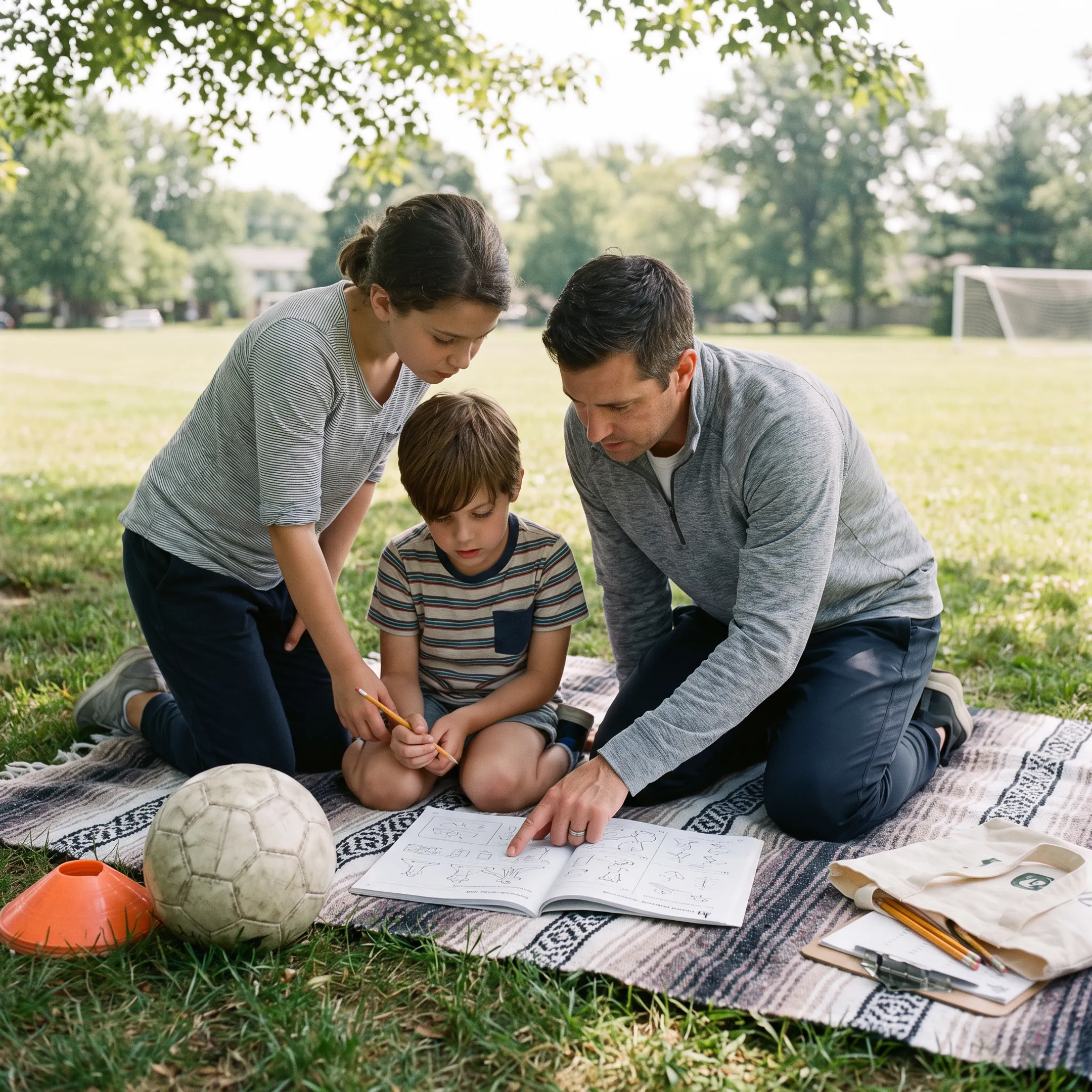 Parent guiding a homeschool lesson beside a child outdoors