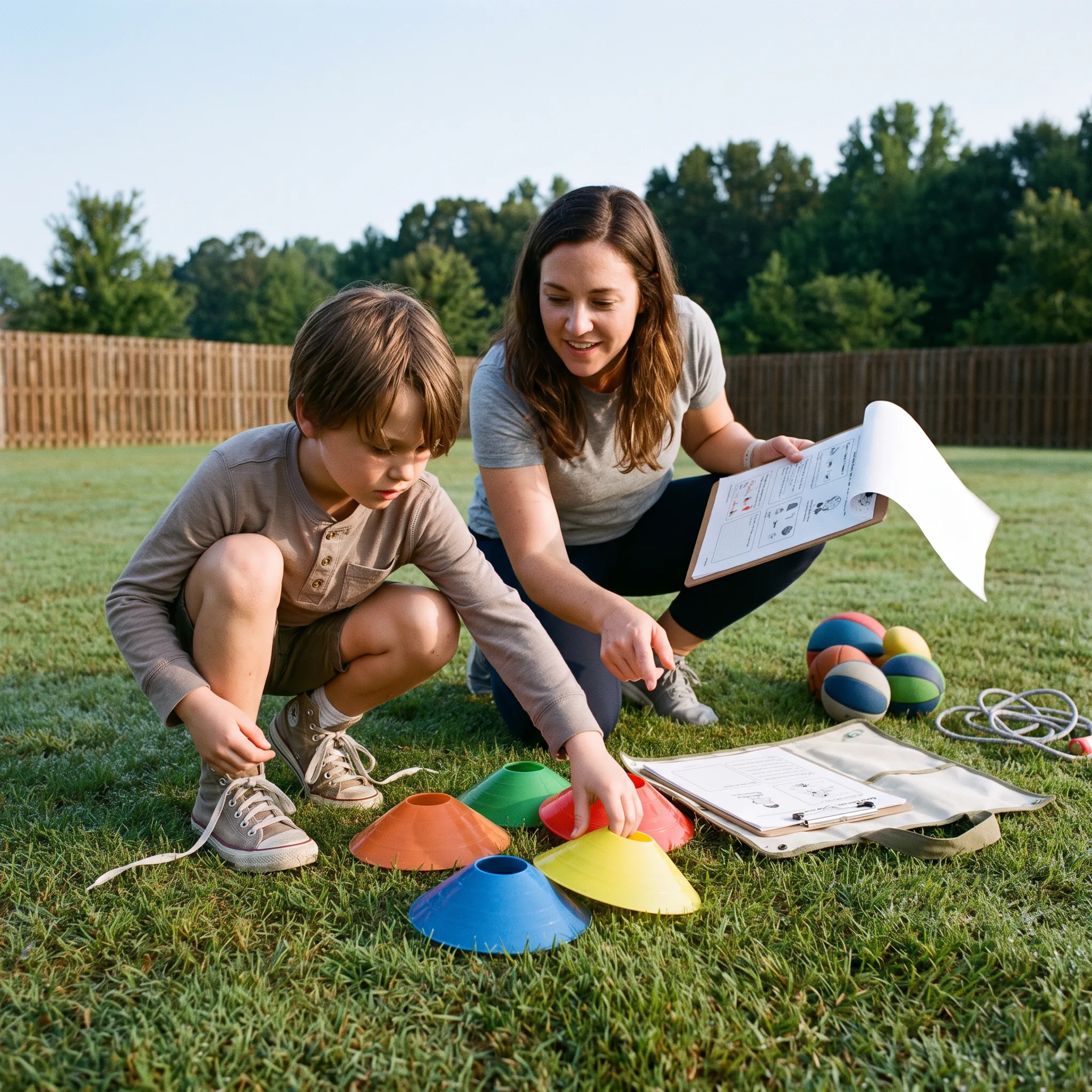 Homeschool learner practicing sports outdoors with a parent nearby