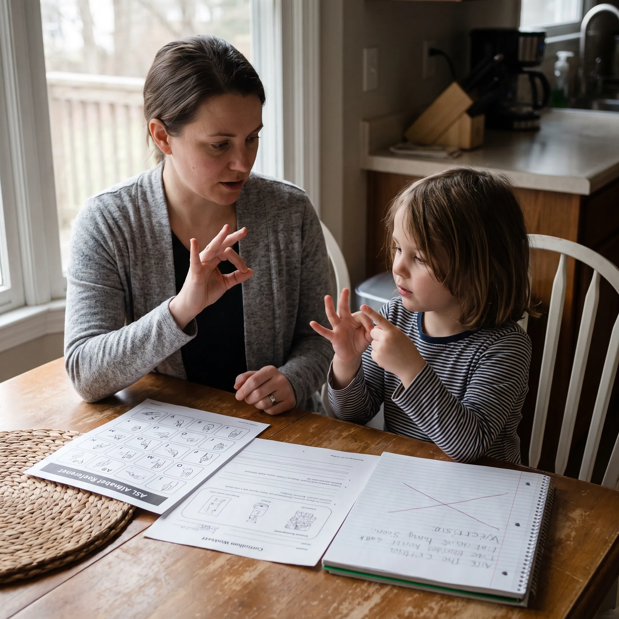 Parent and child practicing American Sign Language during a homeschool lesson