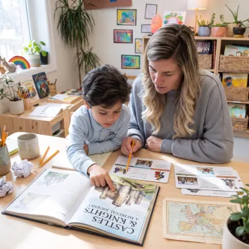 Parent and child studying medieval history at home