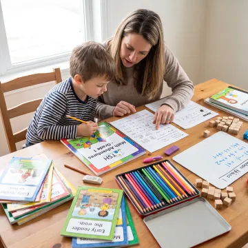 Parent guiding a first grader through a homeschool lesson