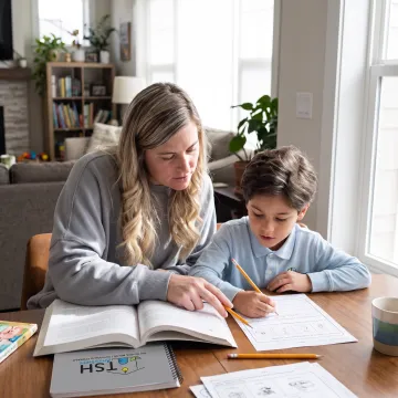 Parent and child completing a homeschool language arts lesson