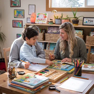 Parent and kindergartener learning together at home