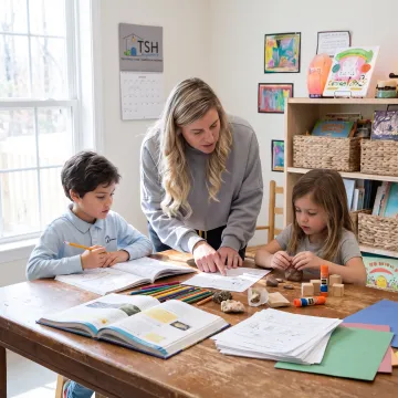 Parent and children learning together at home