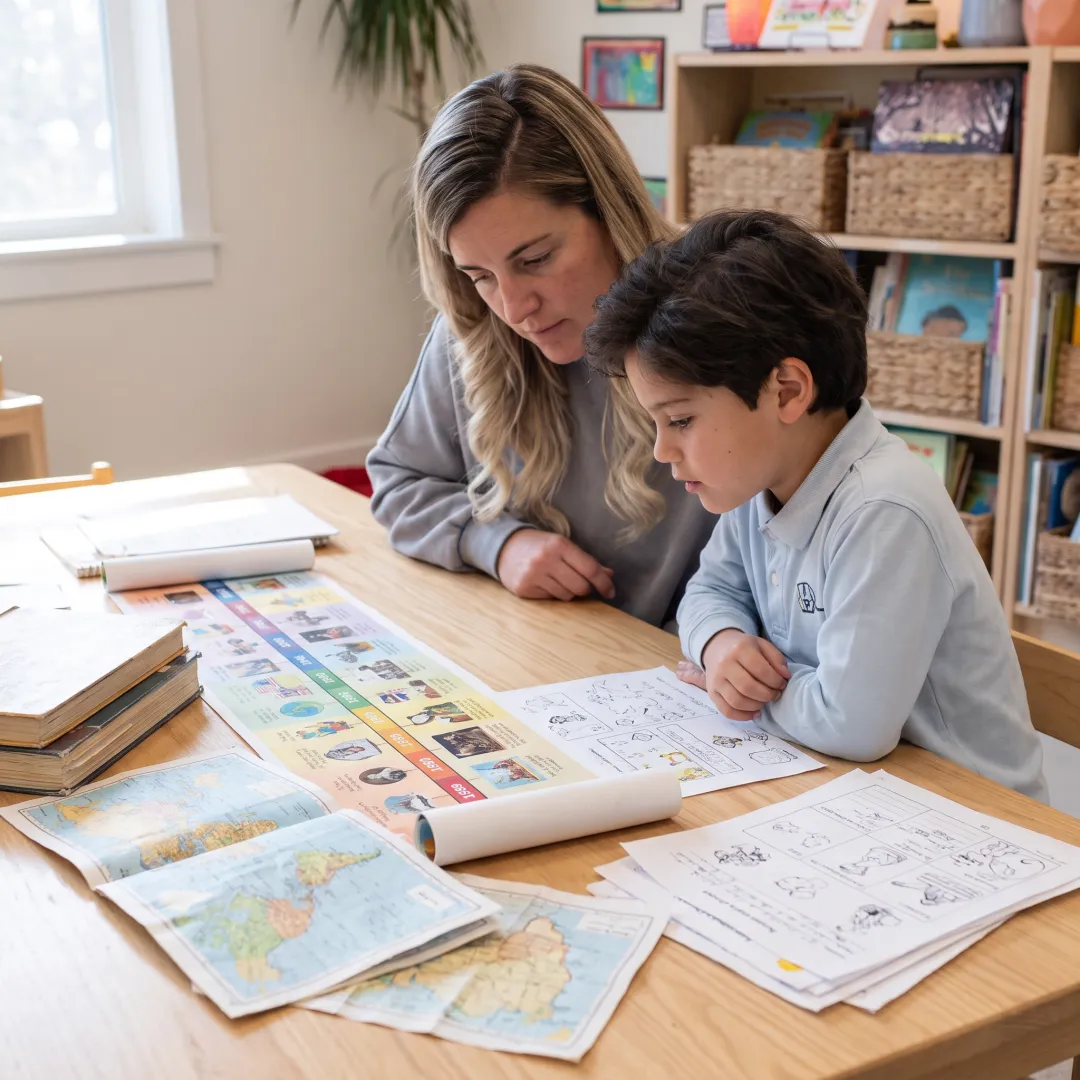 Parent and child exploring a history lesson at home