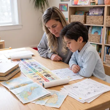 Parent and child exploring a history lesson at home