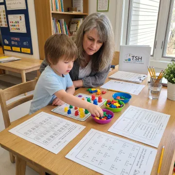 Parent guiding a child through hands-on kindergarten math