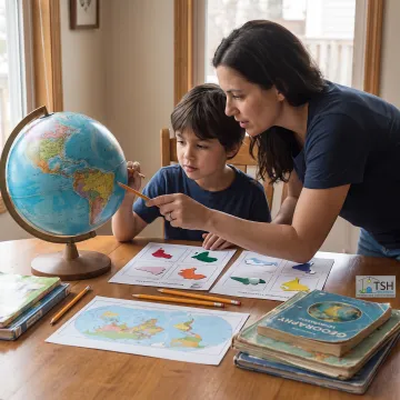 Child using globe and geography printables