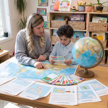 Parent and child exploring world geography at home