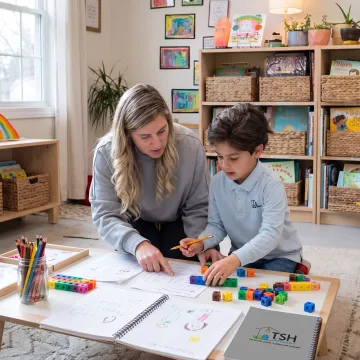 Child using learning materials during a homeschool lesson