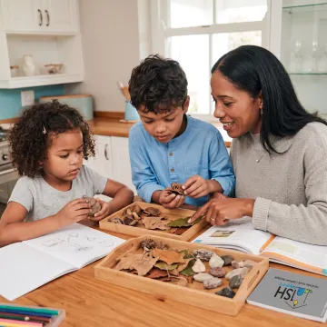 Parent guiding children through a hands-on homeschool science activity