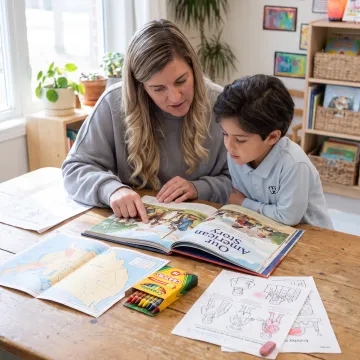 Parent and child exploring a kindergarten history lesson