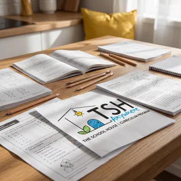 Homeschool learning materials arranged for a family lesson