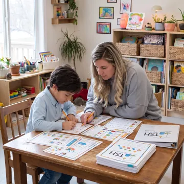 Parent guiding a child through an online homeschool lesson