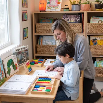 Homeschool parent preparing a lesson with a child