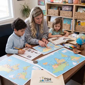 Homeschool family completing a history lesson