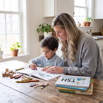 Preschooler learning with hands-on printables and a parent