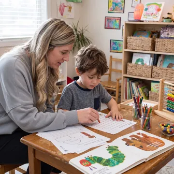 Parent guiding a preschool child through a hands-on homeschool lesson
