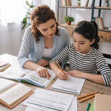 Parent guiding a child through a homeschool lesson