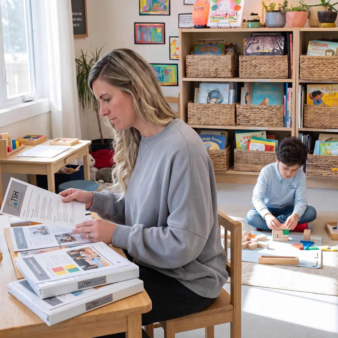 Parent preparing homeschool curriculum at home