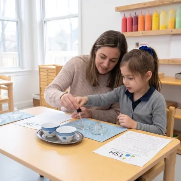 Parent and child using homeschool learning materials at home