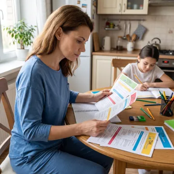 Parent preparing homeschool curriculum materials
