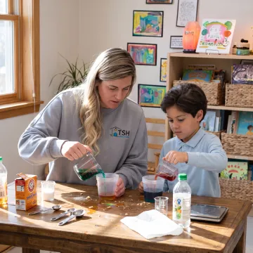 Parent and child completing a hands-on science lesson at home