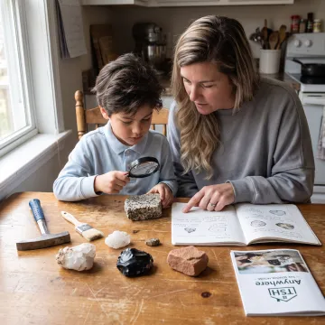 Parent and child exploring rocks during a homeschool geology lesson