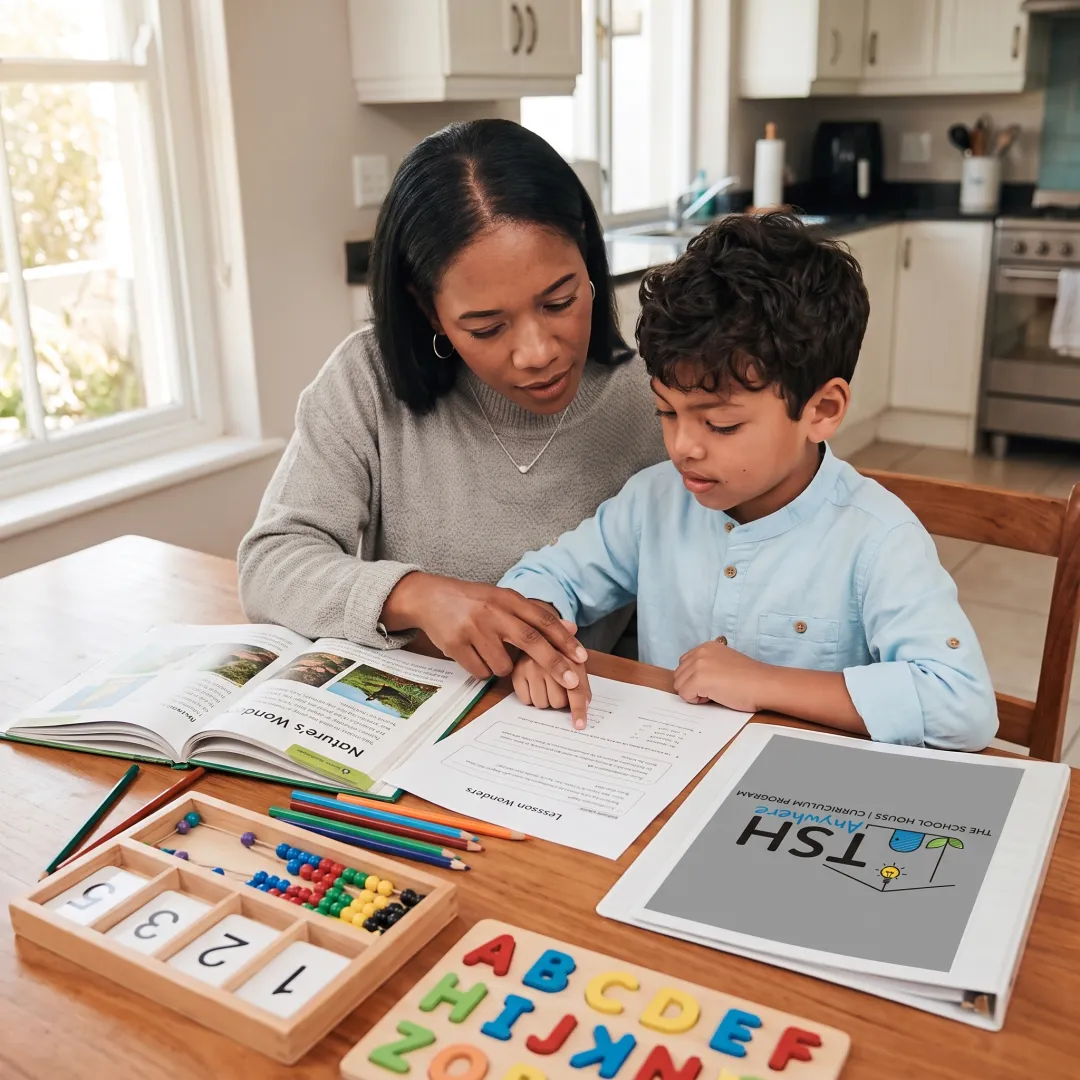 Homeschool parent preparing reading materials with a child