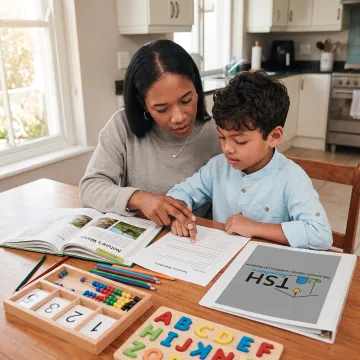 Homeschool parent preparing reading materials with a child