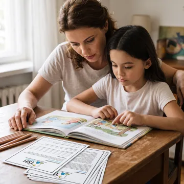 Parent guiding a child through a reading lesson at home