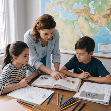 Homeschool history lesson with books and maps