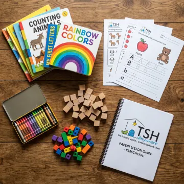 Preschool learning materials arranged for a home lesson