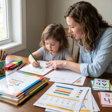 Parent guiding a preschool child through a homeschool lesson