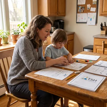 Parent leading a kindergarten lesson at home