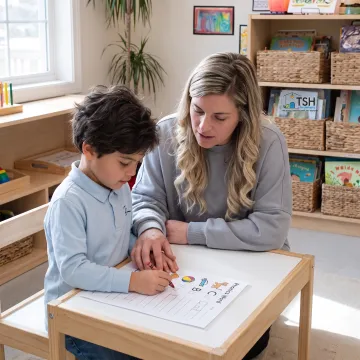 Adult guiding a young child through a phonics activity