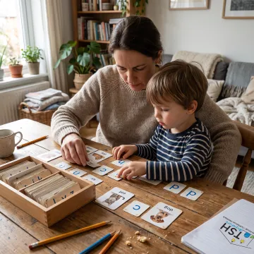 Parent and preschooler practicing phonics with letter cards