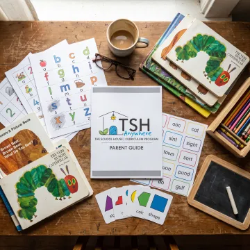 Kindergarten homeschool materials arranged for a hands-on lesson