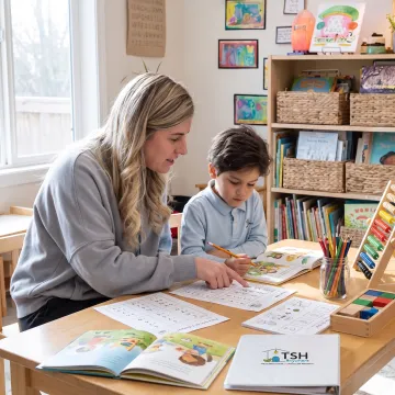 Parent guiding a kindergartener through a hands-on homeschool lesson