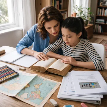 Parent and child exploring a literature unit study at home