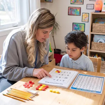 Parent guiding a child through a homeschool math lesson
