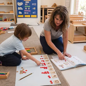 Parent guiding child through hands-on math learning at home
