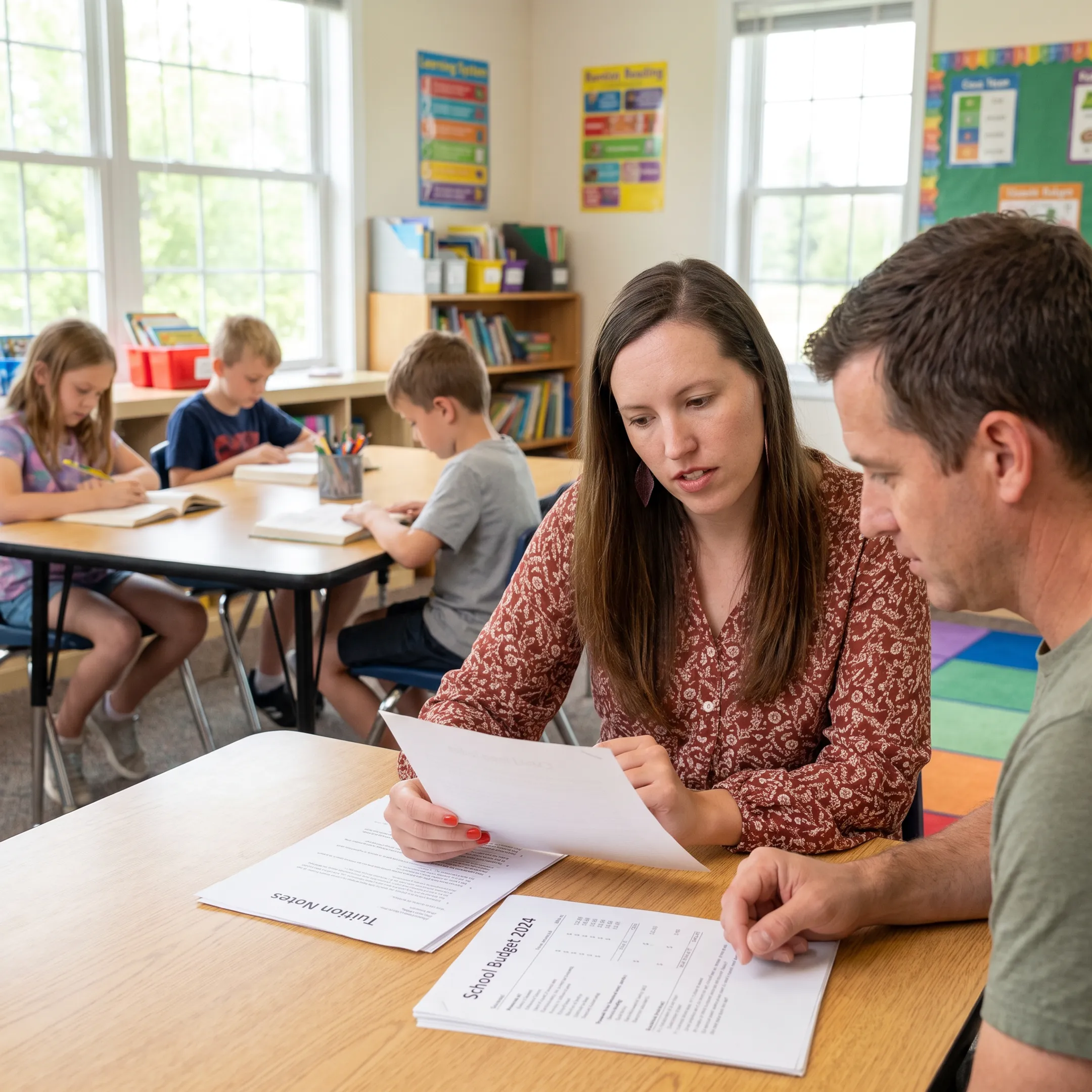 Parent and educator comparing school costs